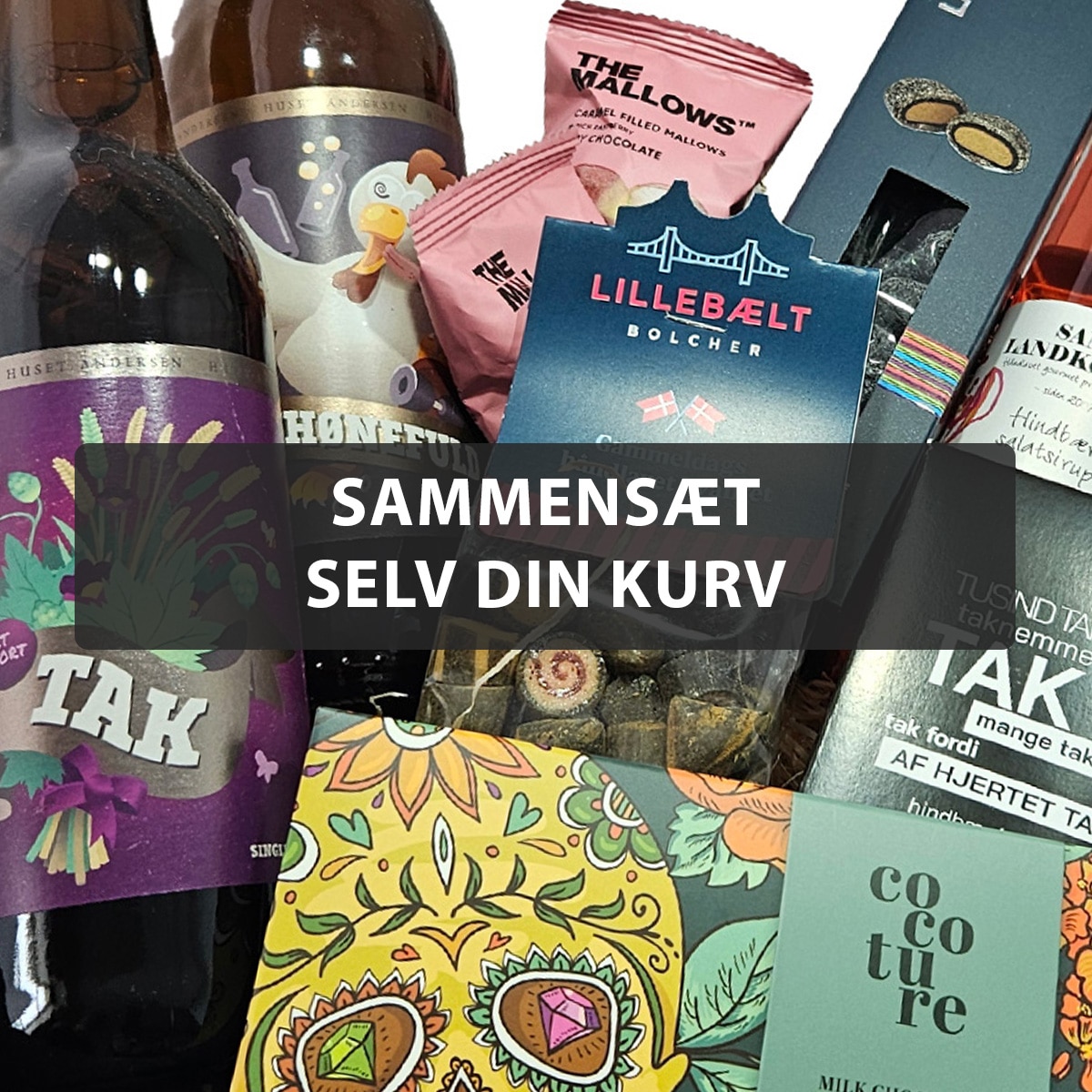 Forskellige flasker og snacks med farverige etiketter. Tekst: "SAMMENSÆT SELV DIN KURV".