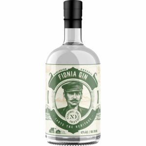 Flaske med grøn/hvid etiket, portræt af mand, "Økologisk", 42% alkohol, 700 ml.