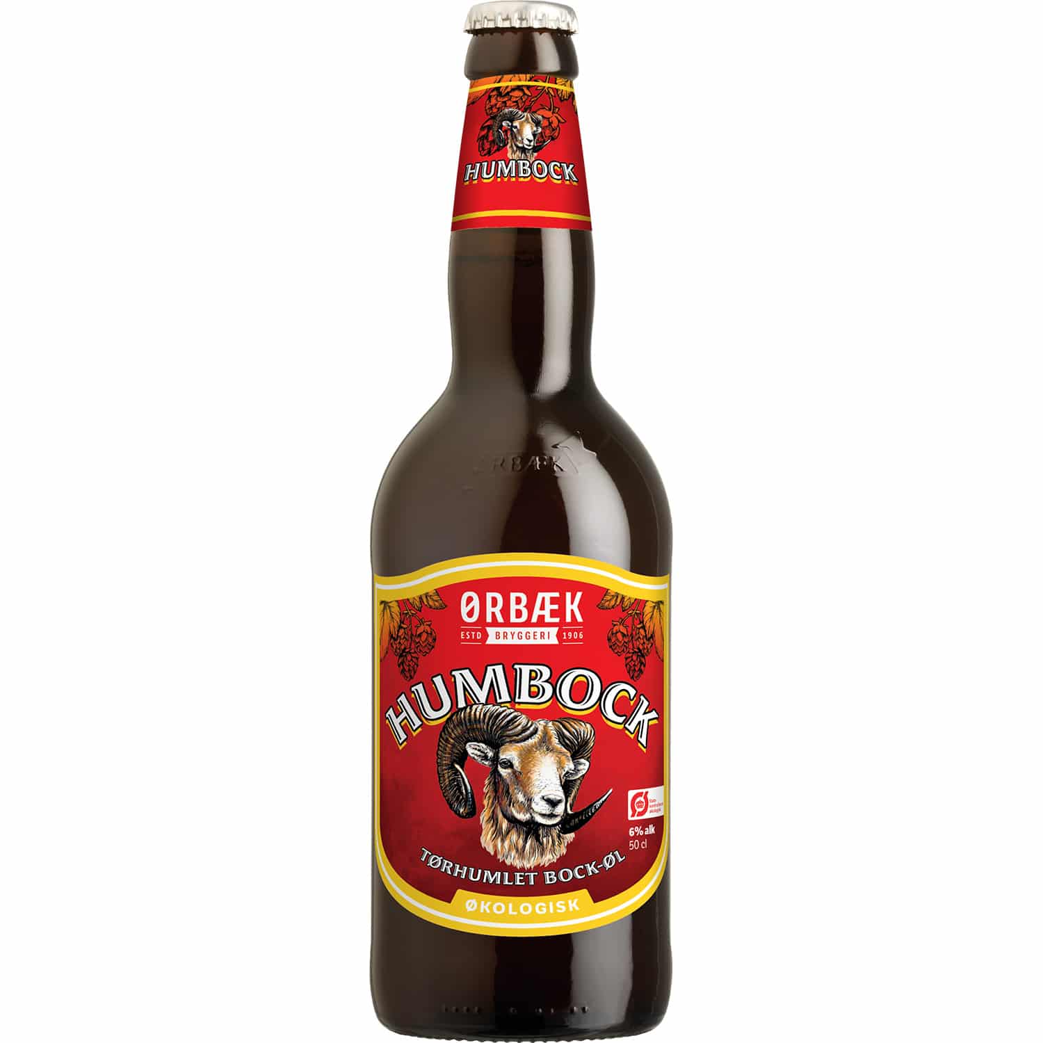 Mørk flaske med rød etiket, Ørbæk Bryggeri logo, vædder illustration, "HUMBOCK" tekst.