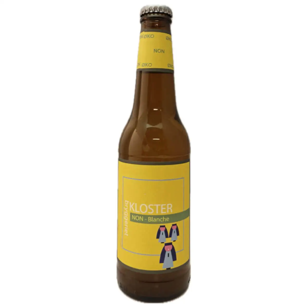 Klosterbryggeriet, Non-Blanche – Alkoholfri Hvedeøl Brun glasflaske med gul etiket, "Kloster Non-Blanche" og stiliserede figurer. Metallisk kapsel.