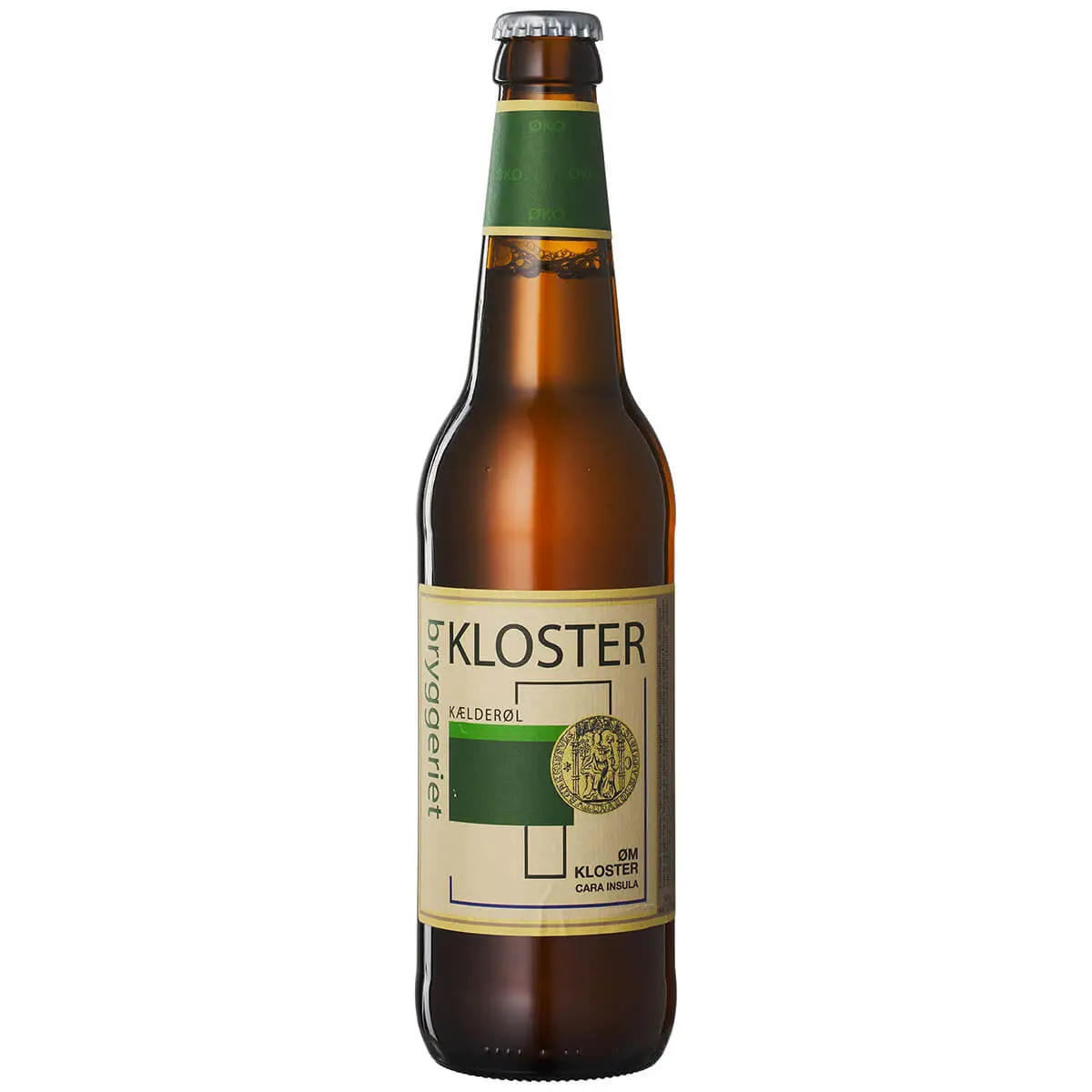 Klosterbryggeriet, Kælderøl, Økologisk Brun ølflaske fra Klosterbryggeriet med grøn etiket og cirkulært emblem. Økologisk Kælderøl.