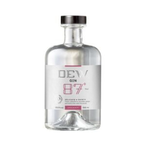 Flaske med Nyborg Gin DEW 87°, 43,5% vol, 500 ml. Moderne etiket, økologisk produkt.