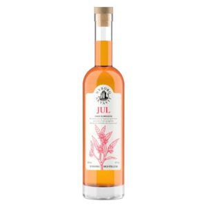 Slank flaske med klar glas, amber væske, "JUL" etiket. 500 ml, 42% ABV, Nyborg Destilleri.