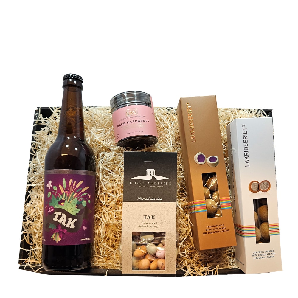 Gavekurv Et Tak med Øl, Chokolade & Vingummi