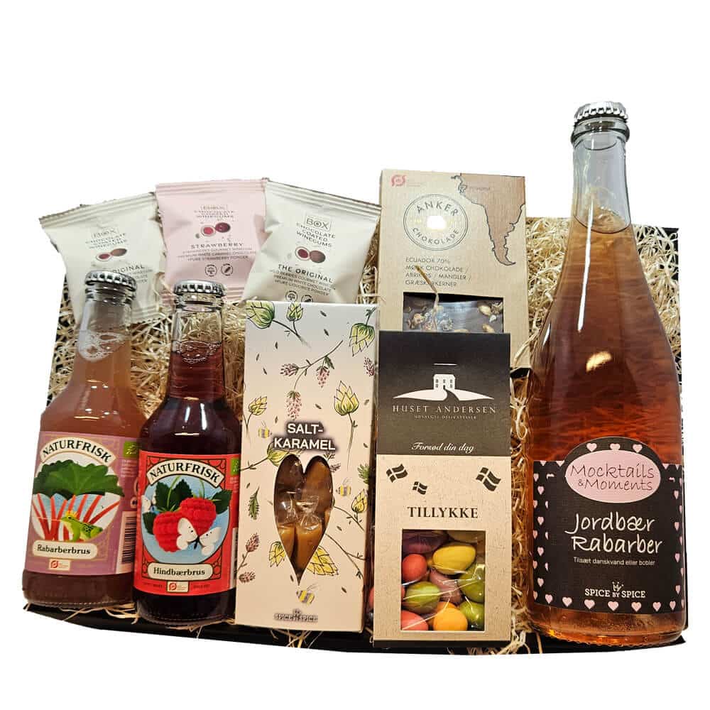 Tillykke Gavekurv – Jordbær Mocktails, Chokolade & Brus