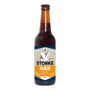 Ølflaske Storkenæb Pale Ale fra Randers Bryghus, brun glas med storkeetiket i blå, beige, orange.
