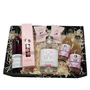 Gavekurv med gin 87%, Samsø sirup, to pink grapefrugt drikke, lakrids og chokolade.